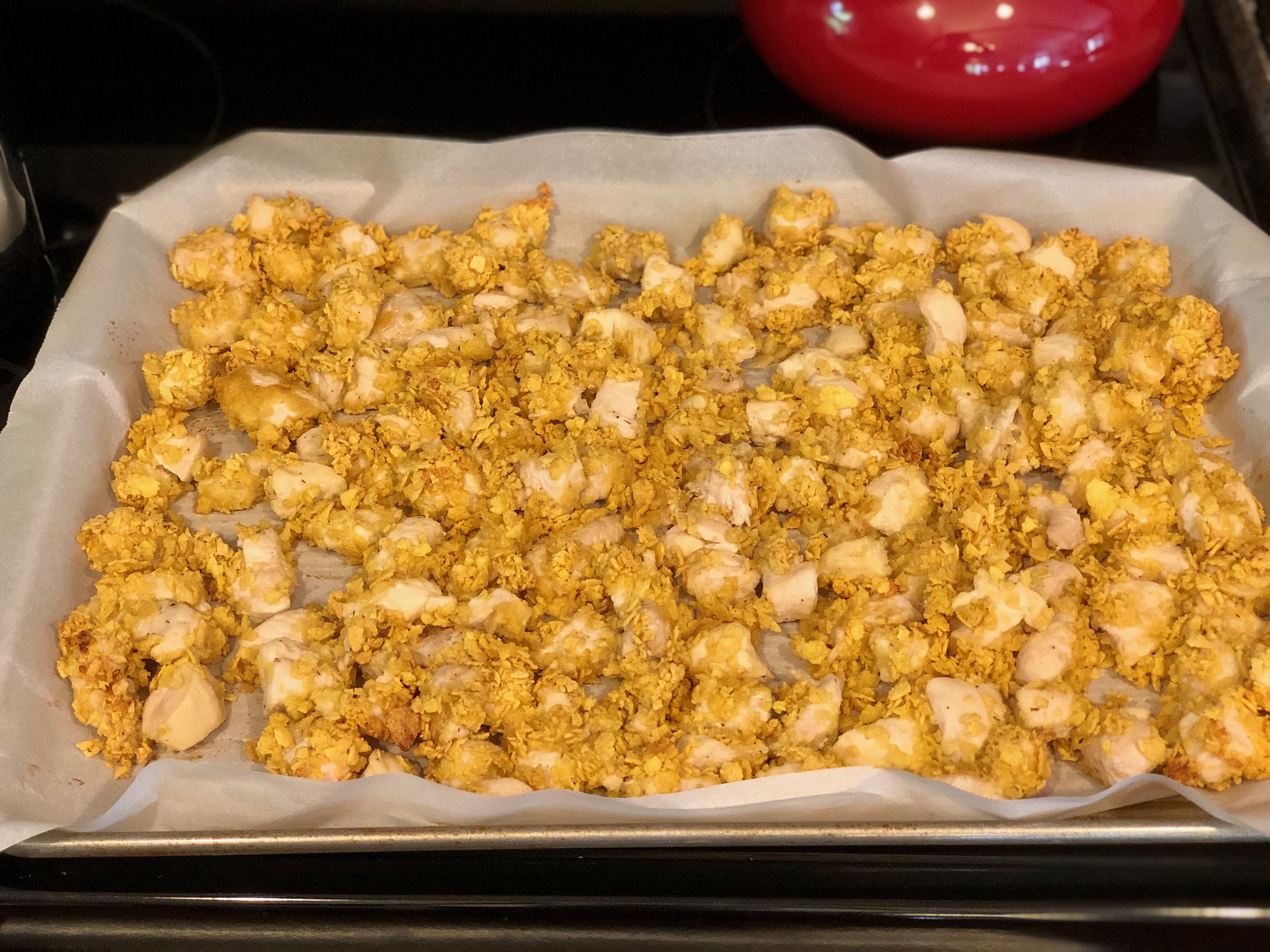 pan of gluten free pop corn chicken